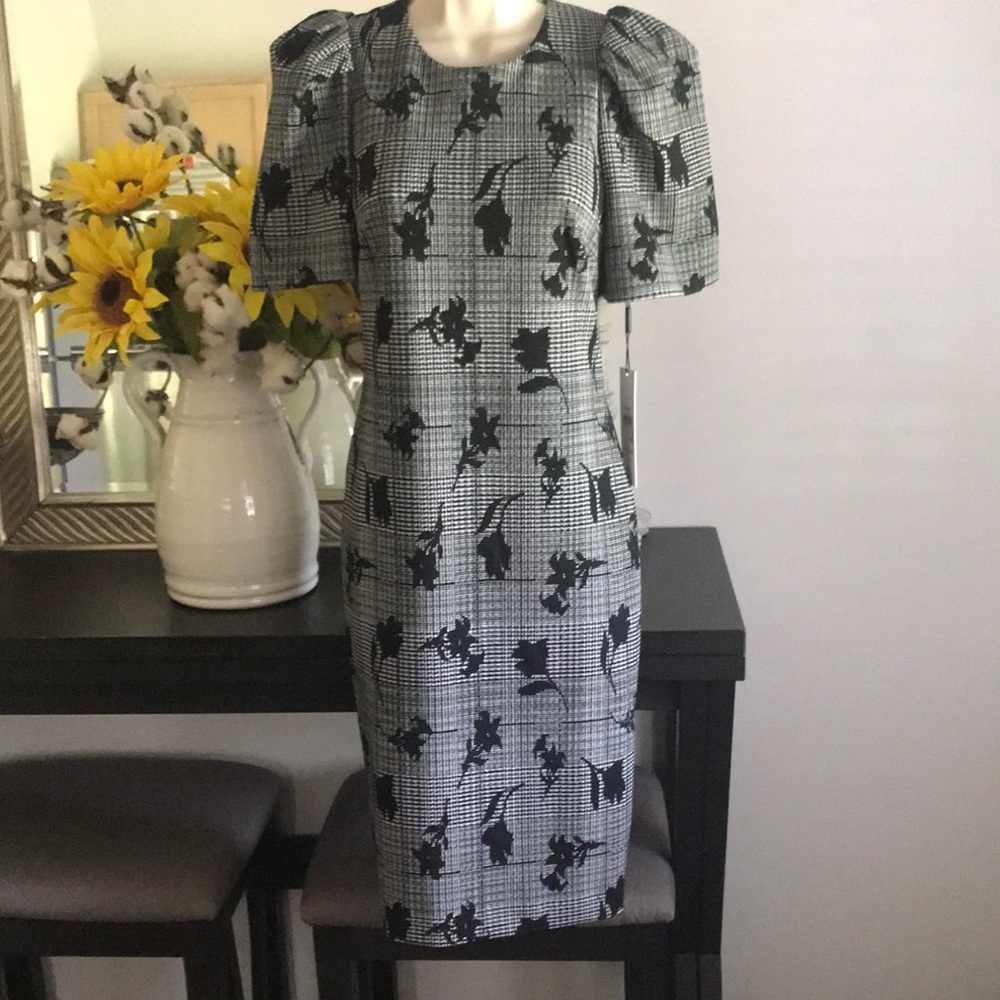 Calvin Klein Black and White Puff Sleeve Midi Dress